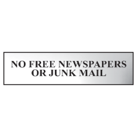 ASEC `No Free Newspapers or Junk Mail` 200mm x 50mm Metal Strip Self Adhesive Sign Chrome Chrome Effect